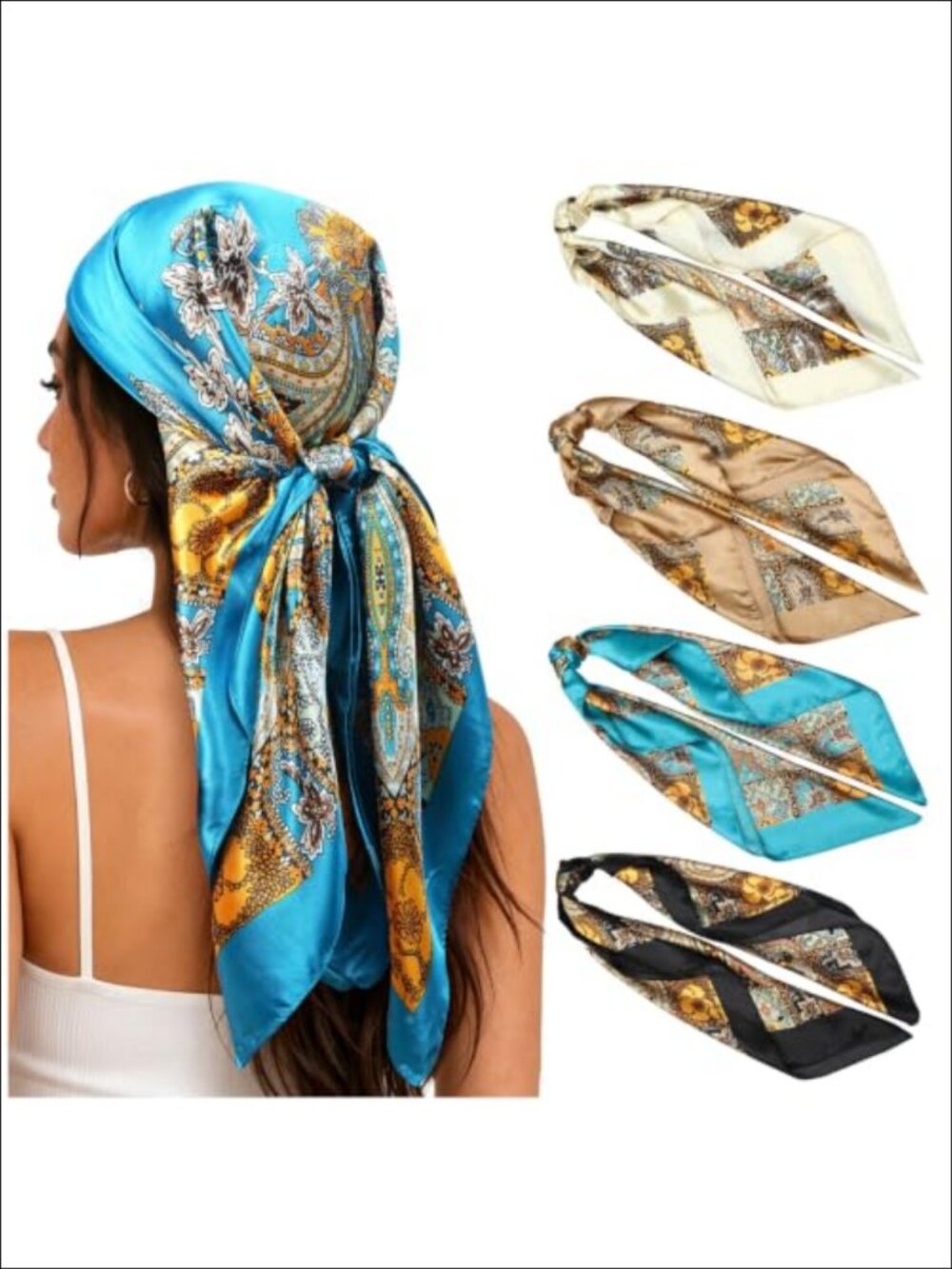 35" Large Satin Square Scarves 4-Pack Silk-Like Hair Bandana Wrap Set